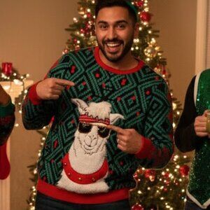 🎄Funny Holiday Party Llama Sweater 3D Details & Nordic Pattern - L